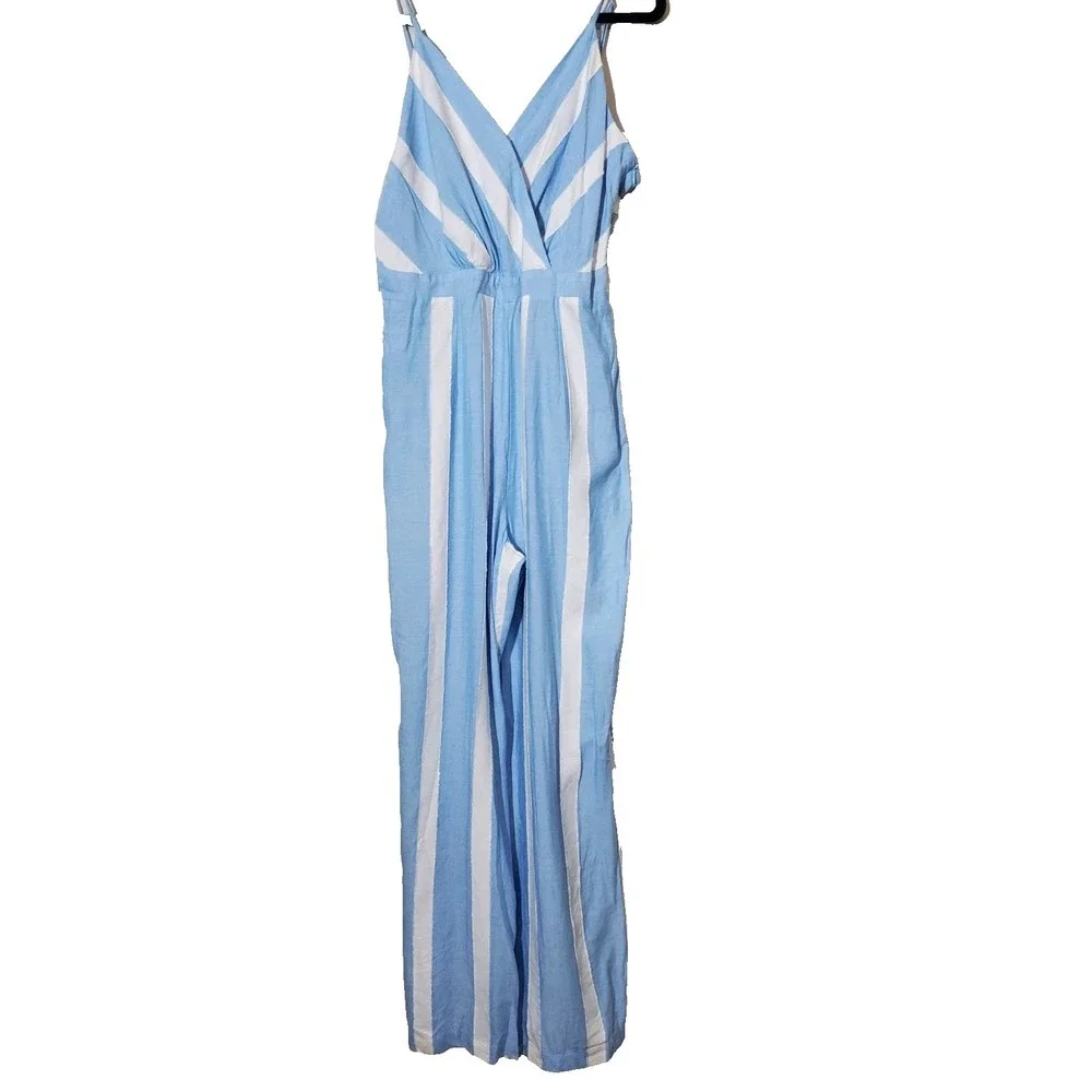 Skies Are Blue NEW Womens Medium Jumpsuit Wide-Leg‎ Striped Blue White  Vacation
